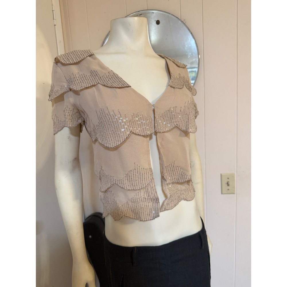 Thistlepearl Tan Beaded Sequin Scalloped Tiered Sheer Topper Small